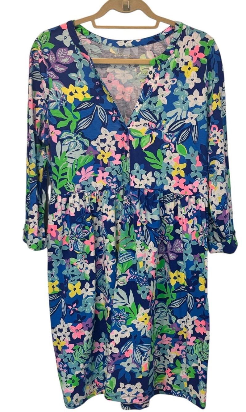 Lilly Pulitzer Jannie Swing Dress Medium Borealis Blue Floral V-Neck Roll Sleeve